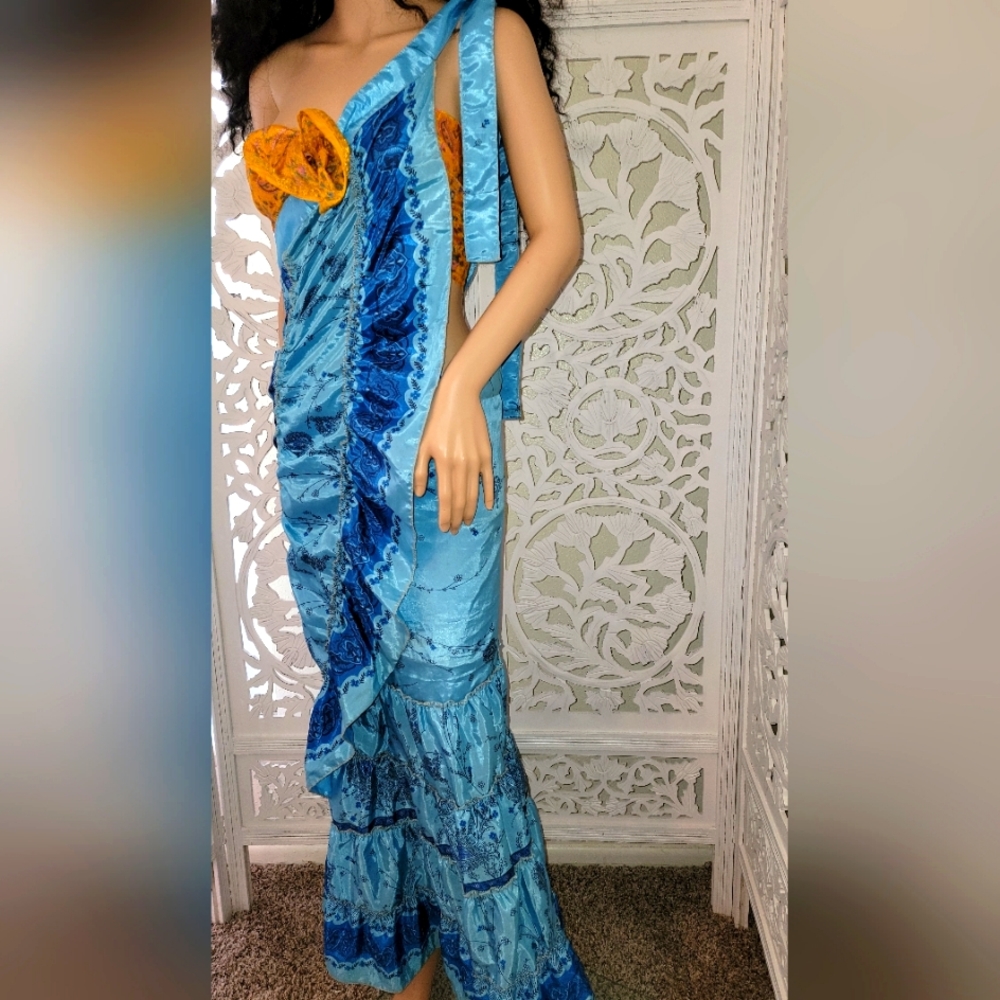 Exotic Silk Ocean & Royal Blue Print Boho Wrap Maxi Skirt